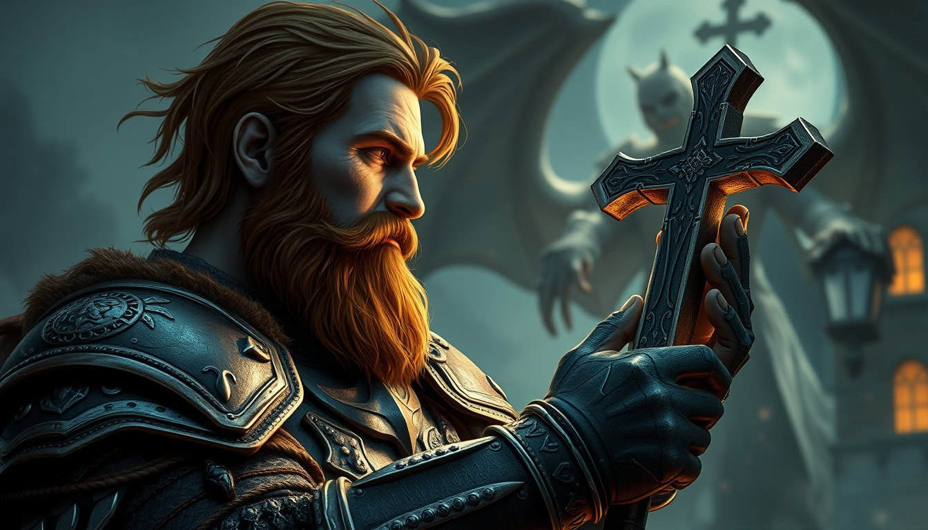 Armoured knight with red beard holding a glowing cross, facing a dark winged demon under a full moon