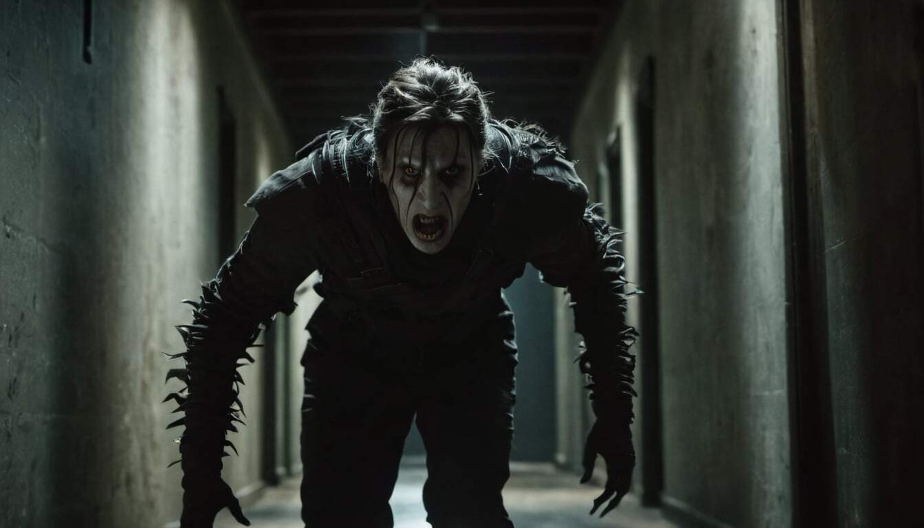A pale figure with dark makeup and glowing eyes crouches aggressively in a narrow dimly lit corridor, wearing spiked black clothing.