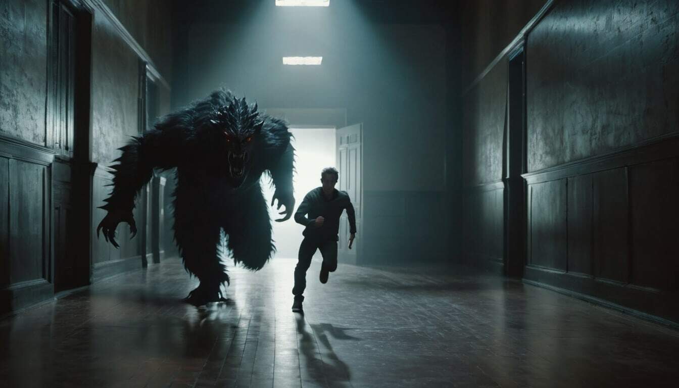 A man runs down a dimly lit hallway being chased by a large werewolf with glowing eyes and sharp claws