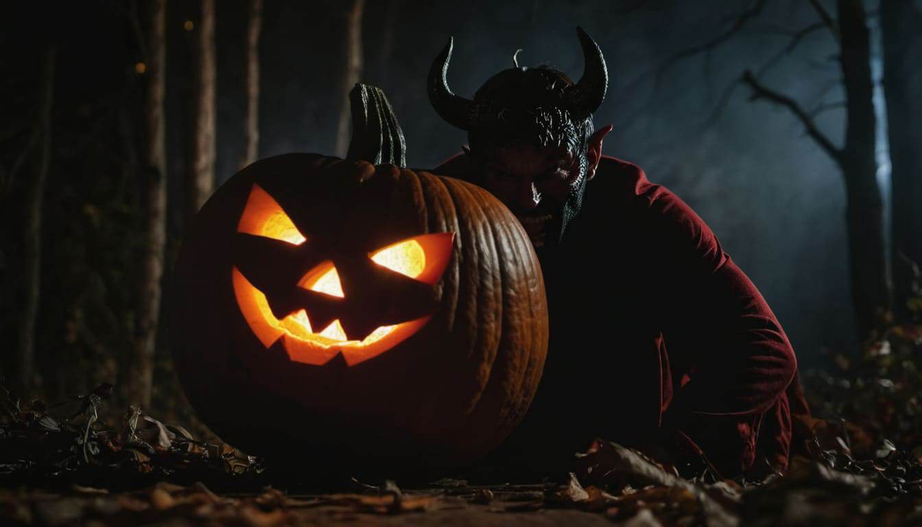 Glowing carved pumpkin with a sinister face and a person with horns lurking nearby in a dark forest at night