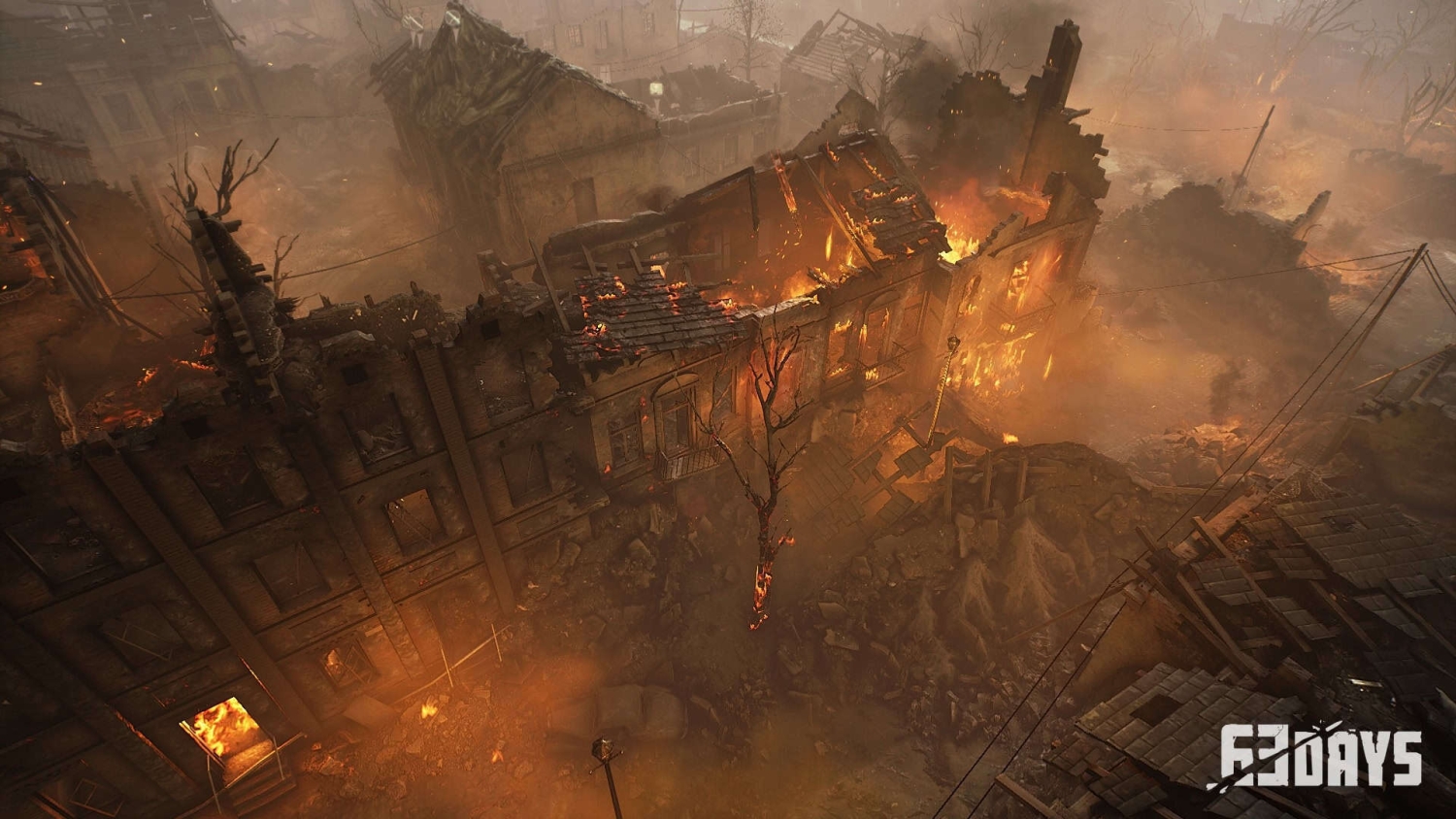 Ruined buildings aflame with smoke rising in a devastated town