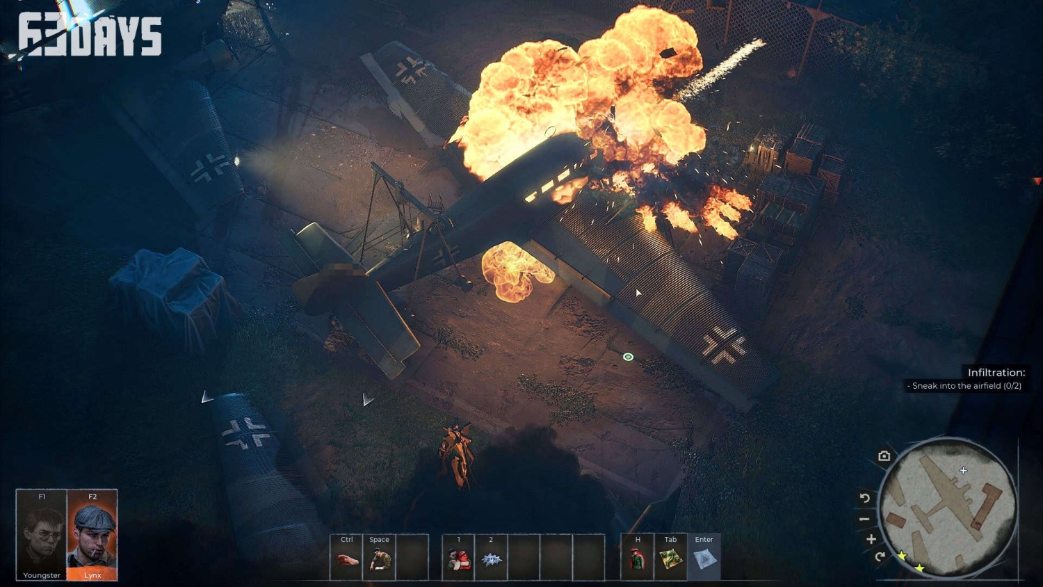 Isometric view of a World War II airfield with a plane engulfed in flames and explosive fire