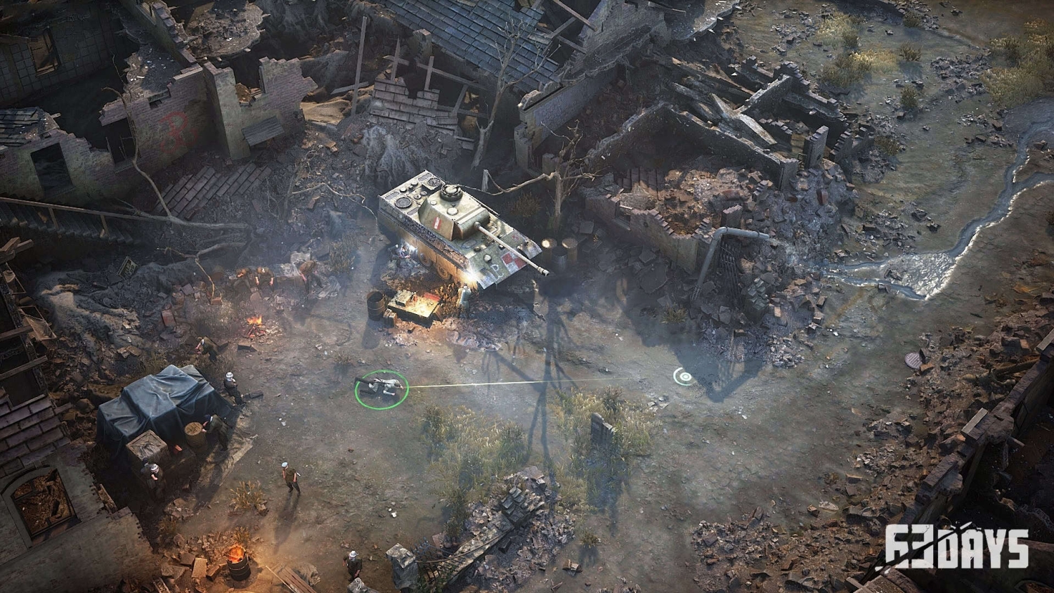 Isometric view of a war-torn street with a tank and scattered soldiers among ruined buildings and debris