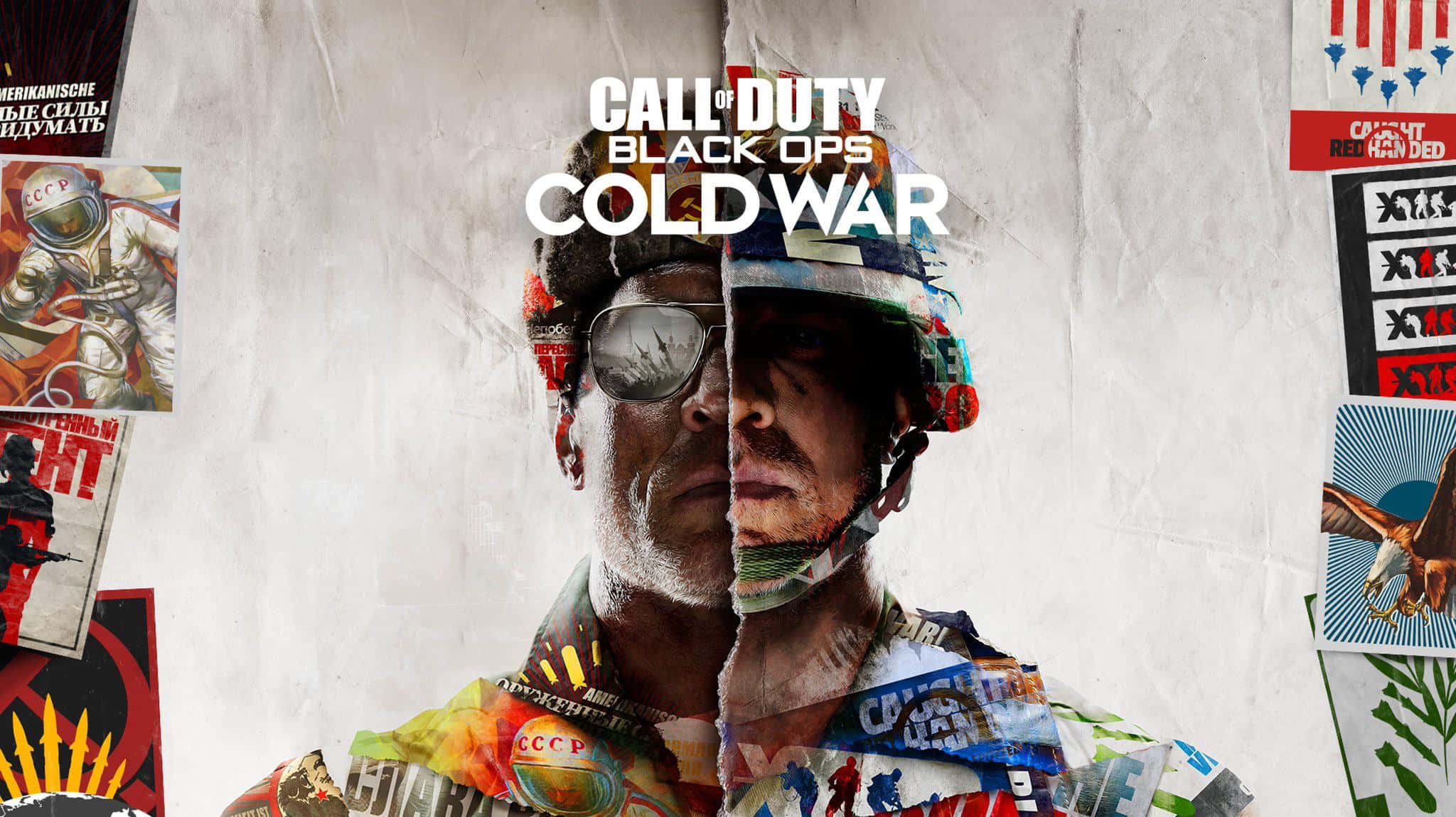 Split artwork of two soldiers with Cold War era symbols, showing Soviet and American sides