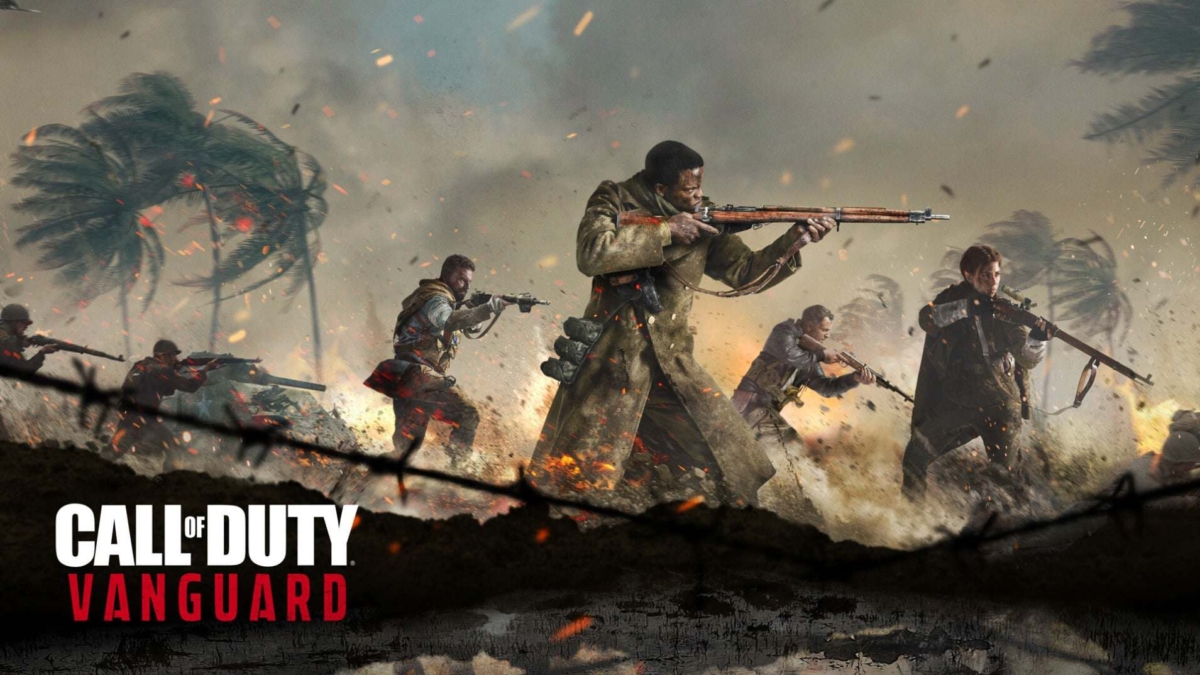 Group of soldiers advancing with rifles amid explosions and barbed wire in a battle scene