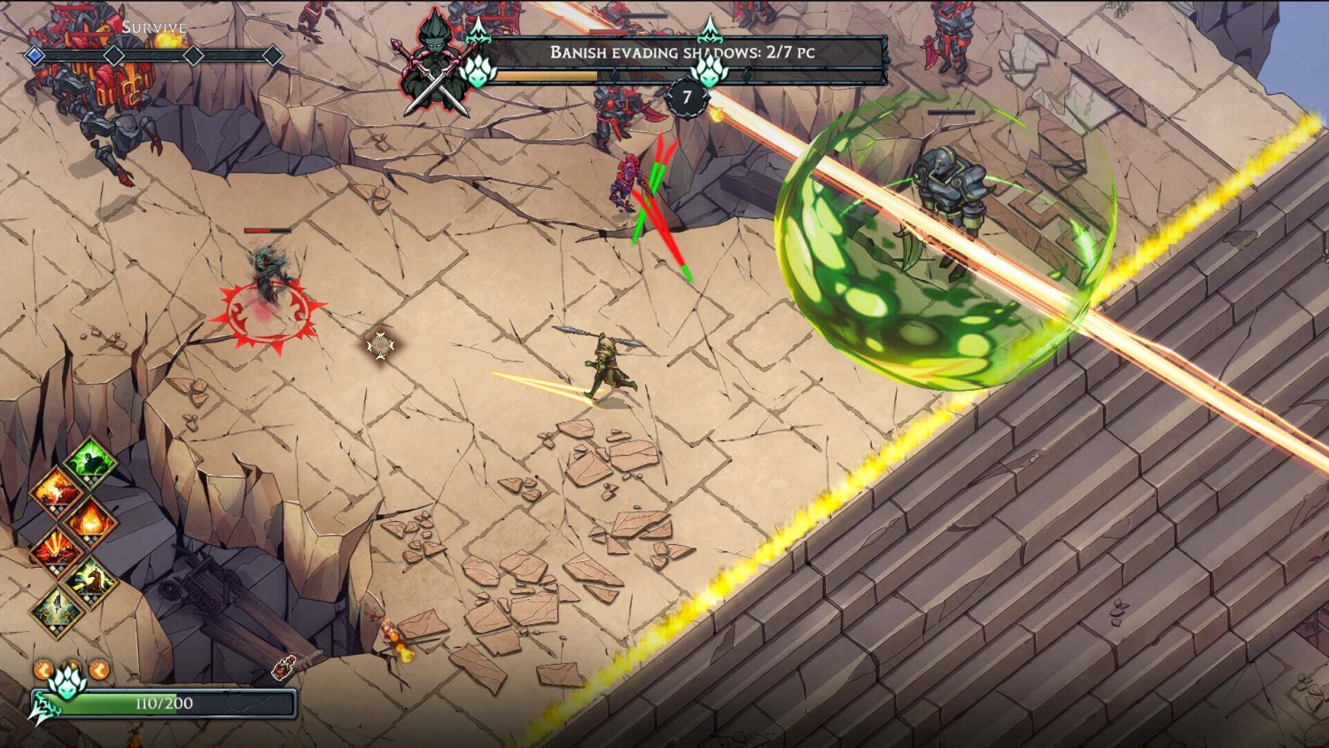 Top-down view of a fantasy battle scene with multiple characters attacking and magical effects