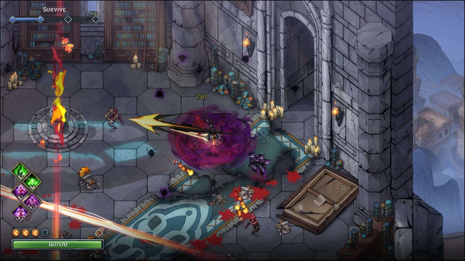 Characters battle in a stone medieval hall with bookshelves and candlelight in a top-down action game
