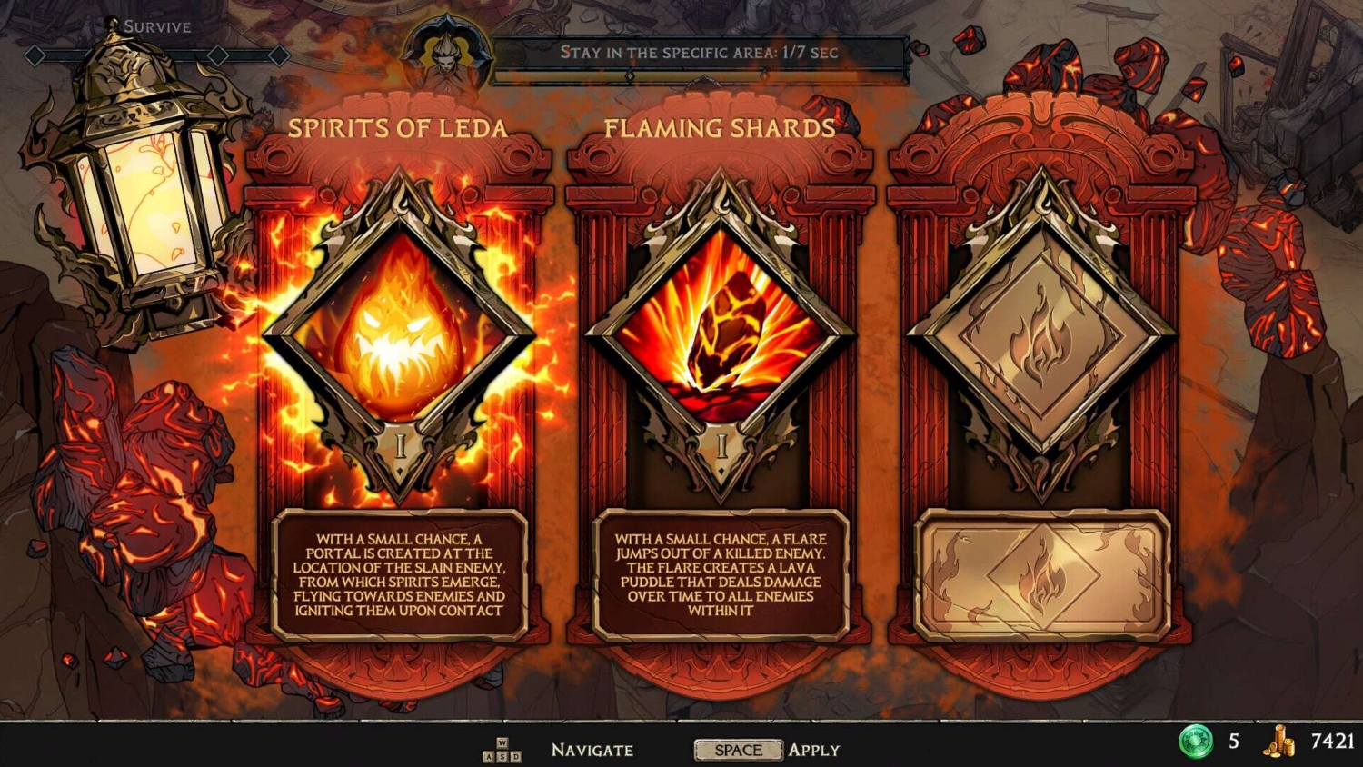 Three game skill cards showing fiery effects titled Spirits of Leda, Flaming Shards, and an unactivated fire emblem card