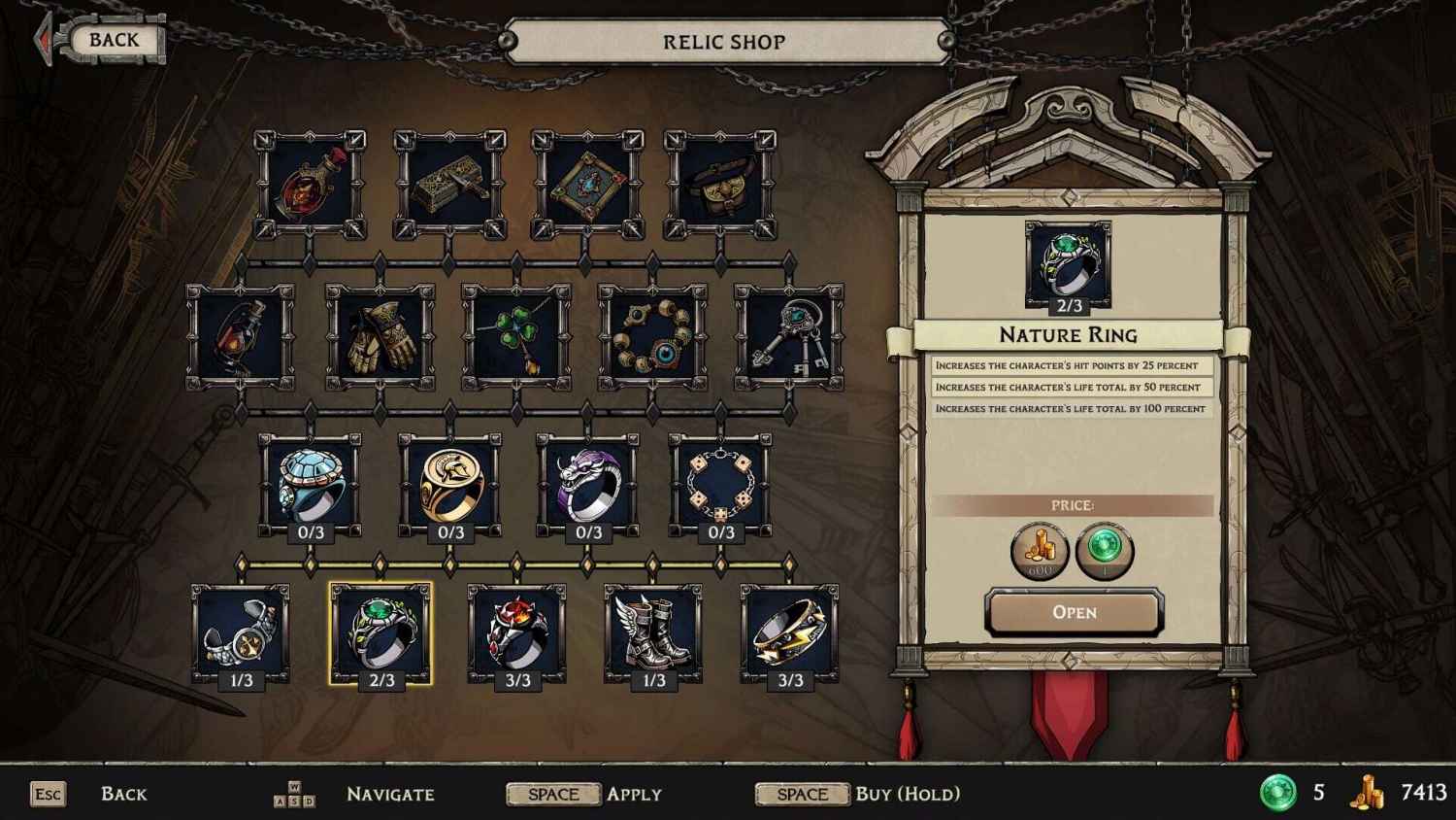 Relic shop interface displaying various unlockable items and details of the Nature Ring upgrade with costs shown