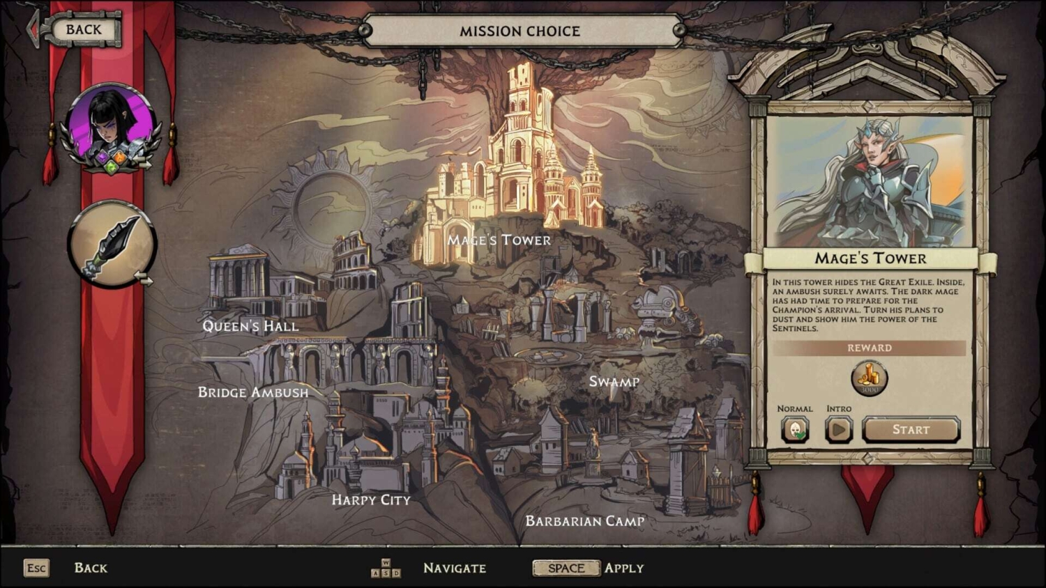 Mission selection screen with a stylised map showing six mission locations including Mage's Tower with detailed mission briefing and rewards