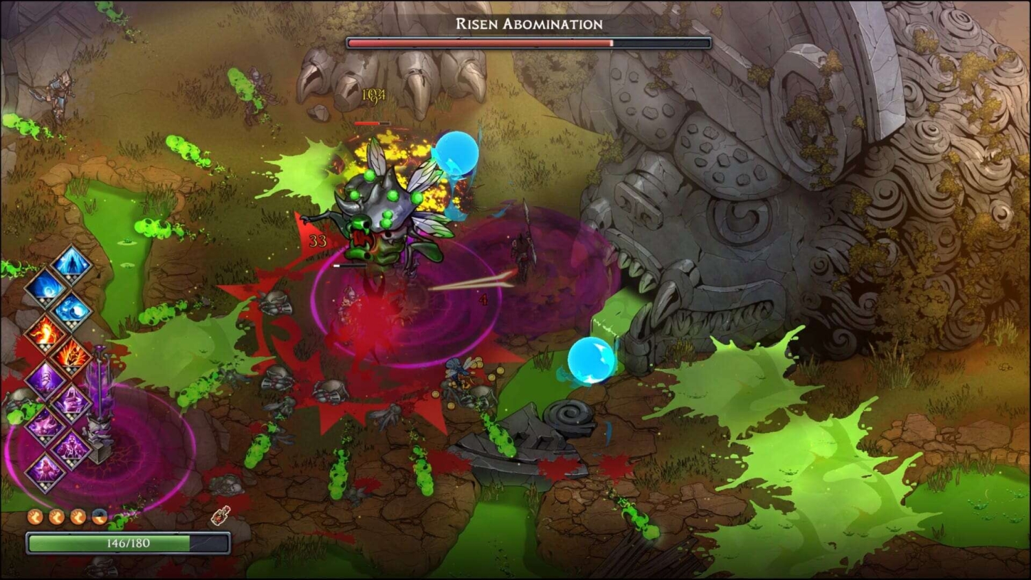 Top-down view of battle with Risen Abomination boss emitting green poison and red blood splatters