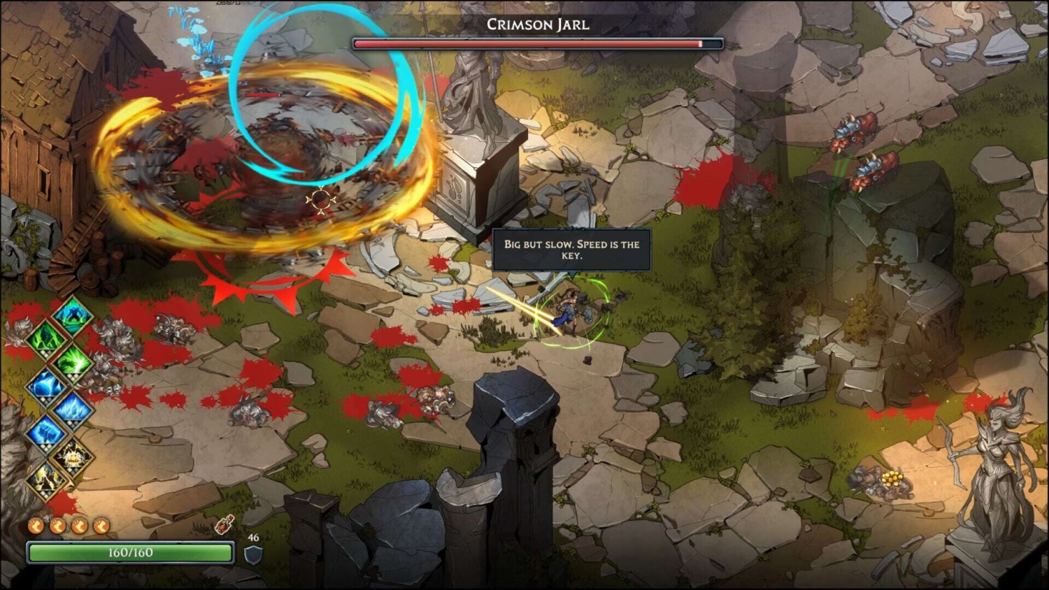 Character fighting multiple enemies near a broken statue with swirling combat effects and a health bar below
