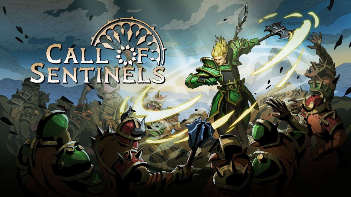 Character in green armour fighting multiple spiked-armoured enemies with glowing weapon swings