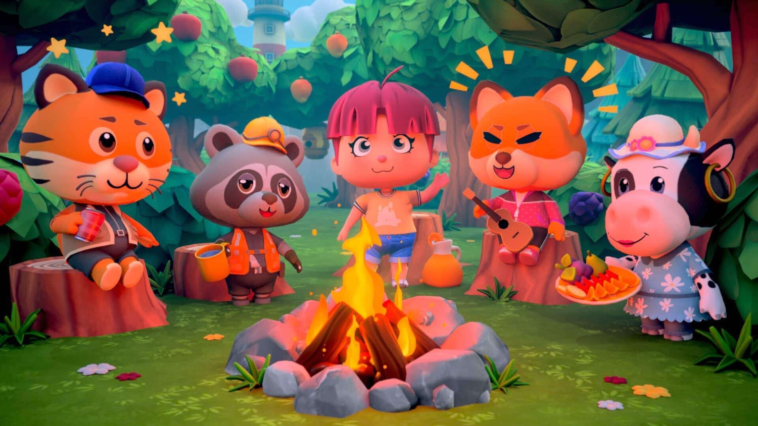 Five animated characters including human and animals sitting and standing around a campfire in a colourful forest clearing