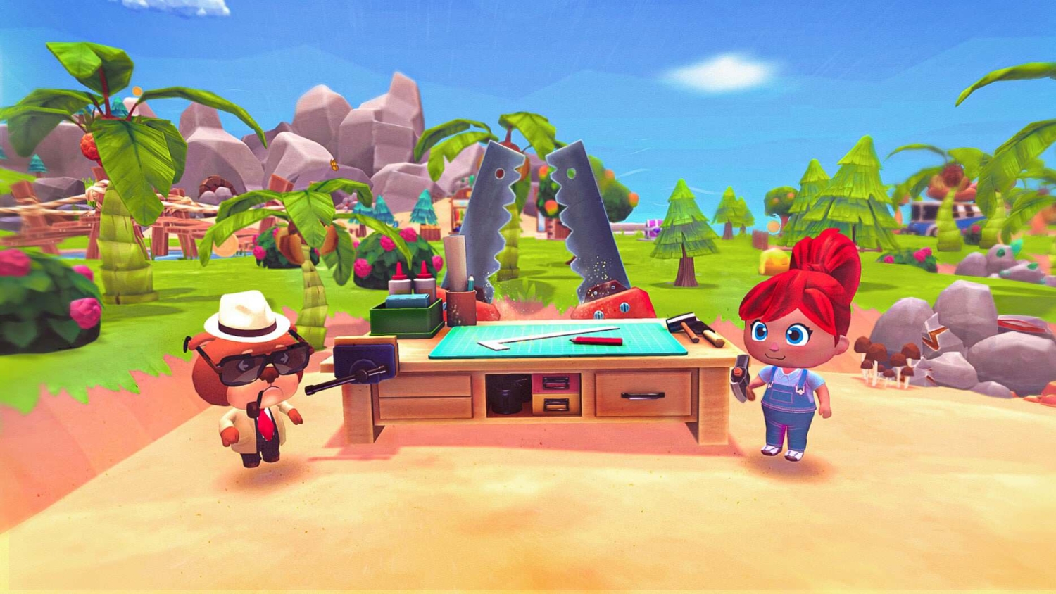 Two cartoon characters stand beside a wooden crafting table with tools in a vibrant outdoor setting