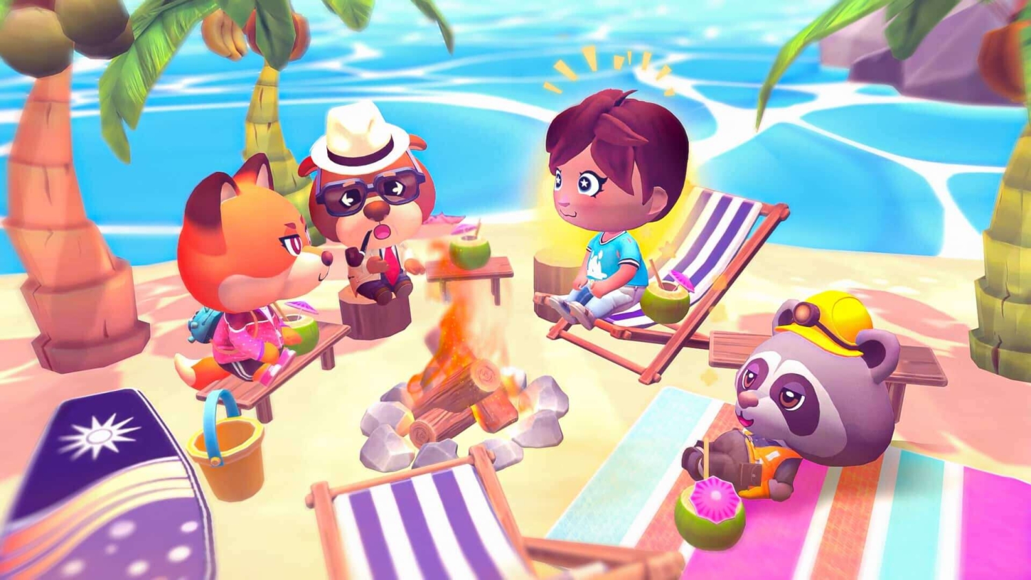 Four cartoon characters relaxing around a campfire on a sandy beach with palm trees and surfboards in the background