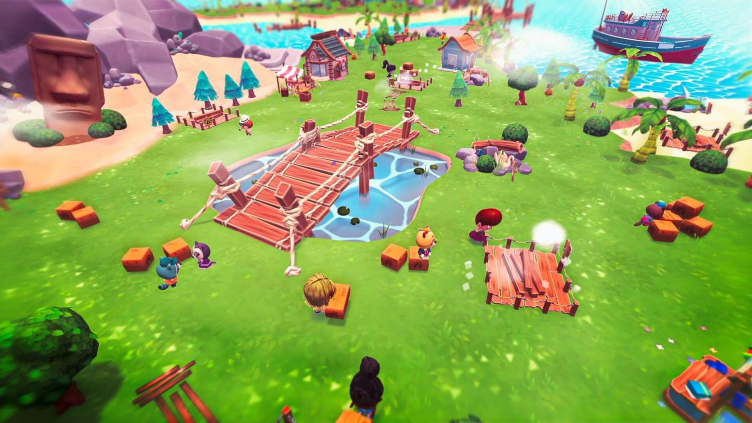 Colourful animated animal characters gathered near a wooden bridge over a small pond on green grass beside water