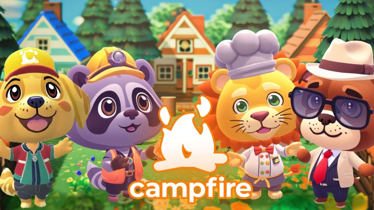 Four colourful anthropomorphic animal characters with cheerful expressions in front of houses and trees