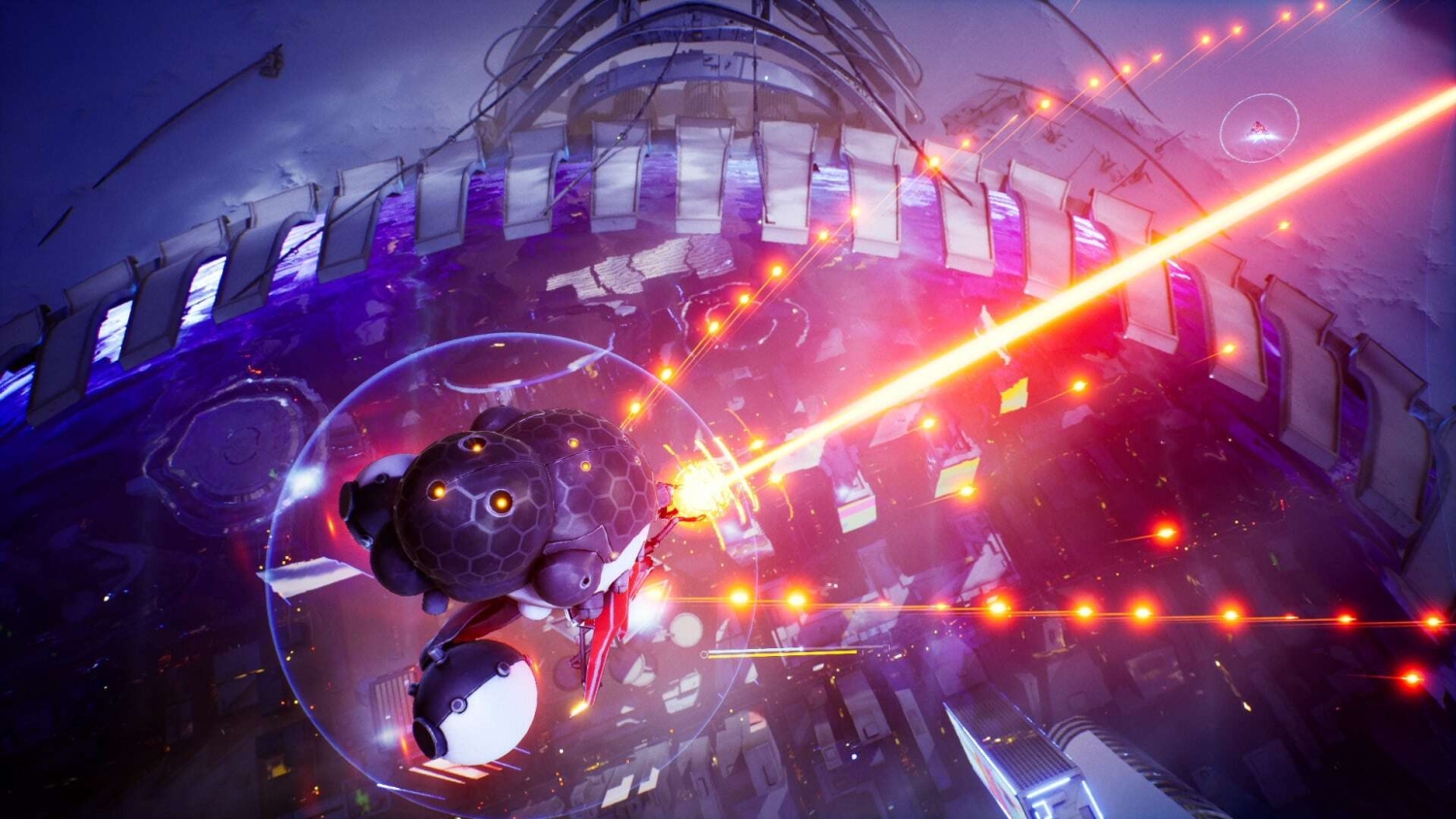 Flying robotic drone emitting bright orange laser beams over a purple-lit futuristic cityscape at night