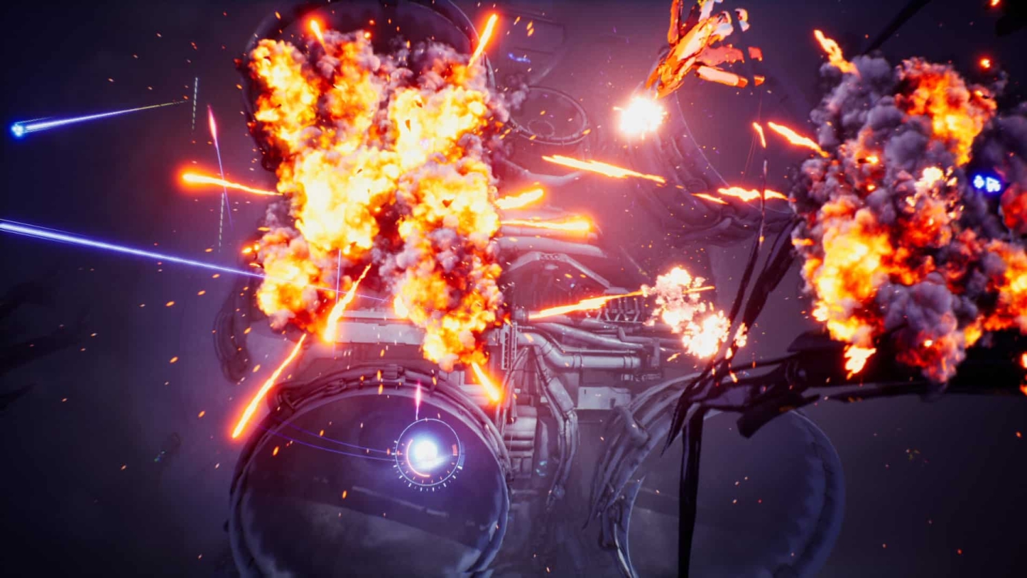 Large explosions and bright laser beams amid a dark sci-fi spaceship combat scene