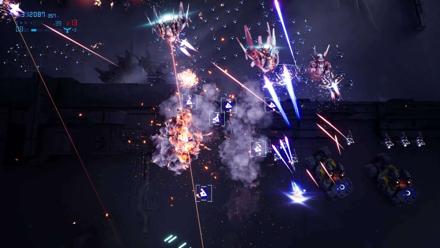 Top-down view of spacecraft firing blue and red lasers amid explosions and smoke in a dark sci-fi setting