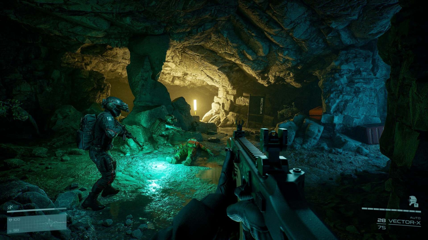First-person view aiming a rifle at two armed soldiers in a rocky cave lit by artificial light