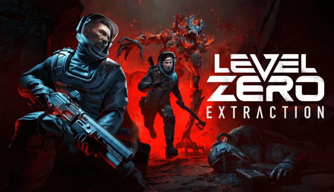 Two armed characters in space suits facing a monstrous fiery creature emerging behind them