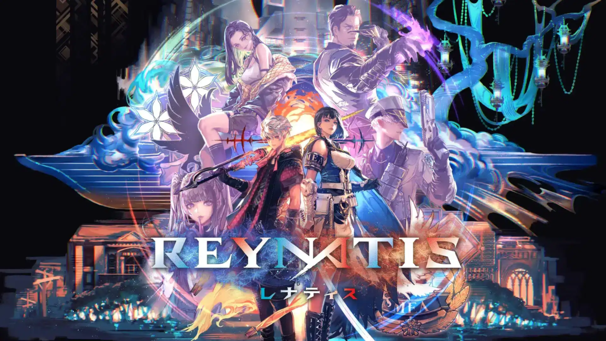 Seven diverse characters from the JRPG Reynatis posed against a cityscape with magical motifs and vibrant colours.