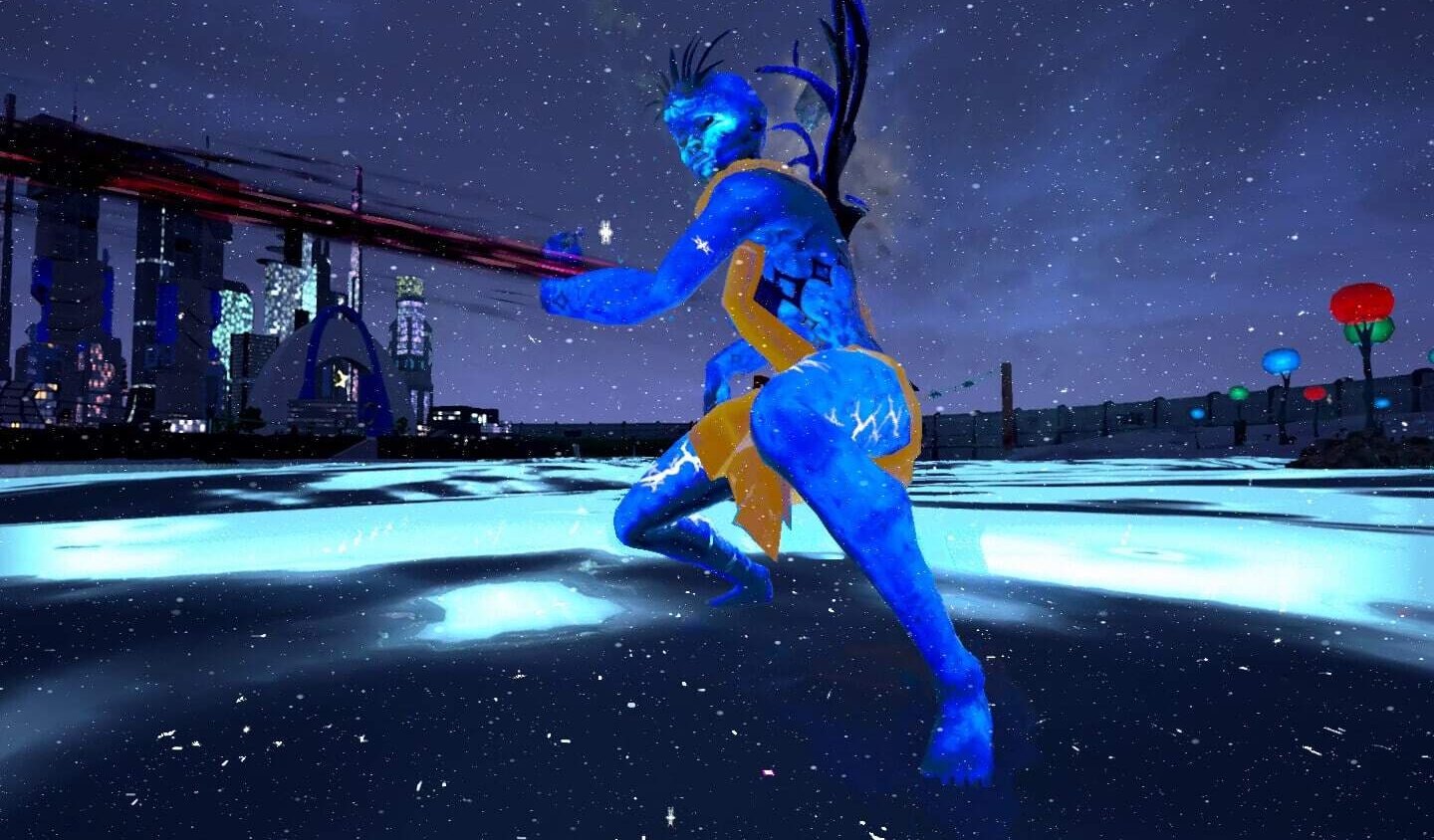 Blue-skinned humanoid crouching on luminous surface beneath a starry night and futuristic city skyline