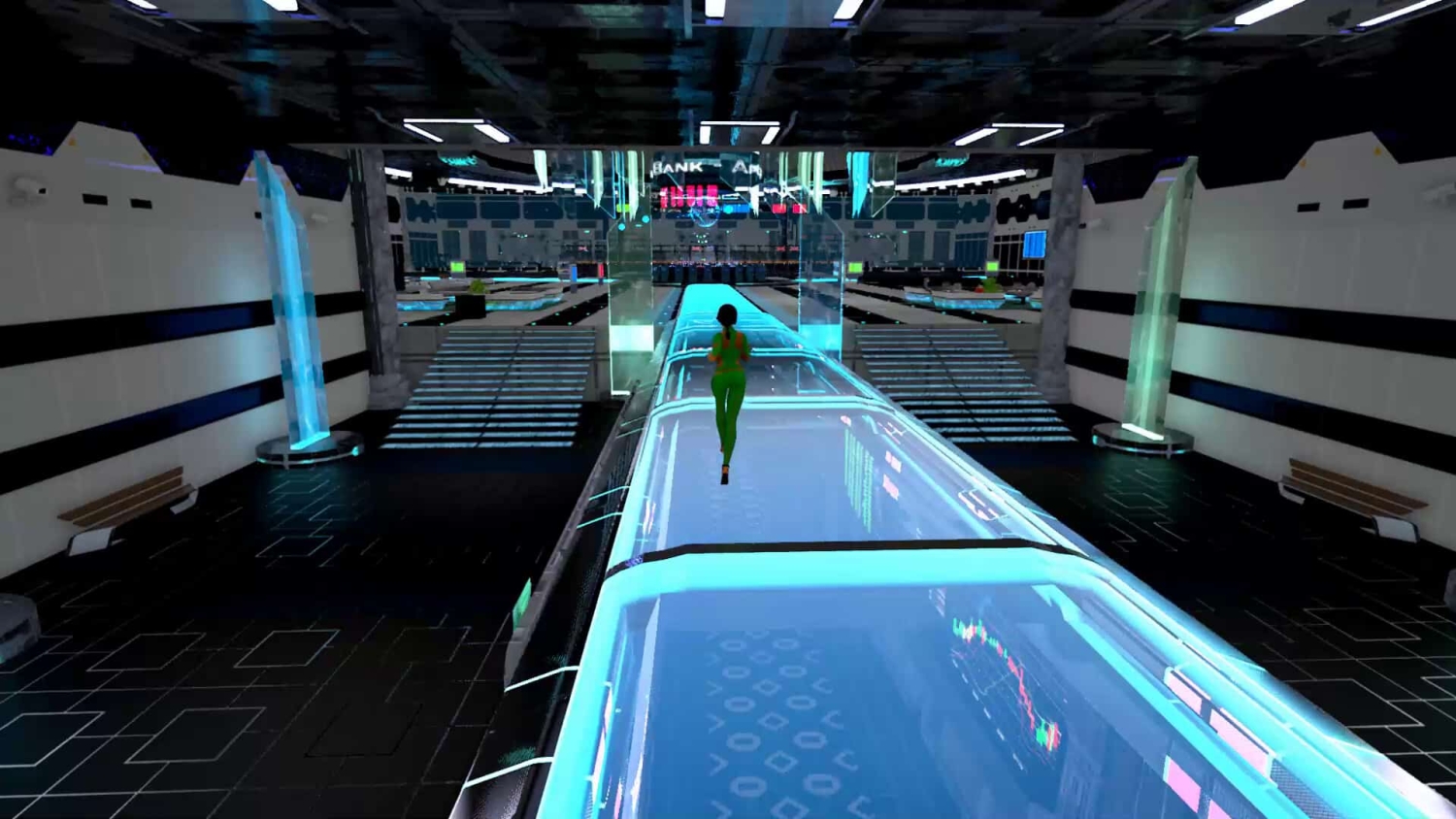 Person in green walking along a glowing, transparent platform inside a futuristic train station interior