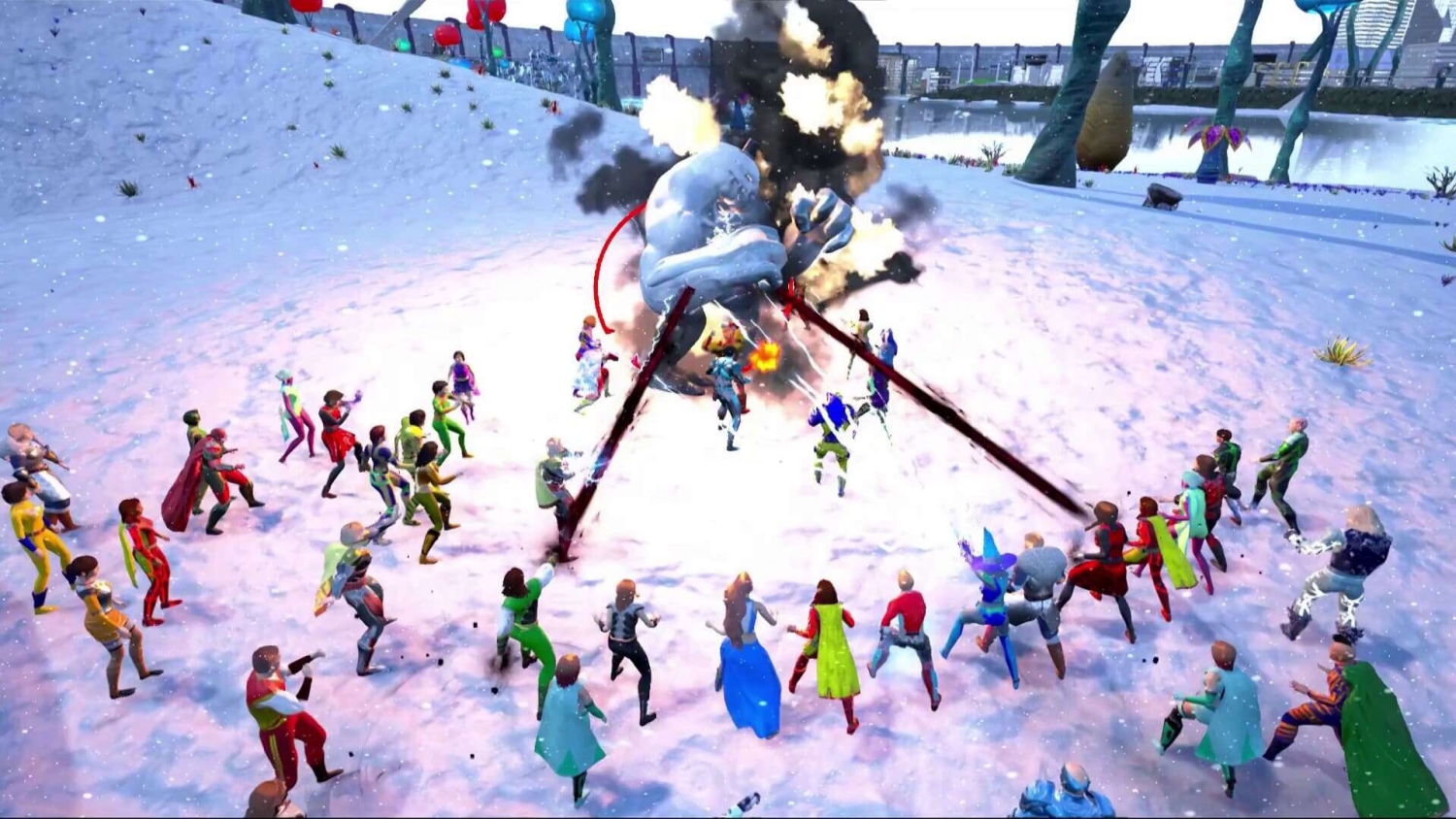 A large group of colourful superheroes surround and attack a giant creature in a snowy landscape