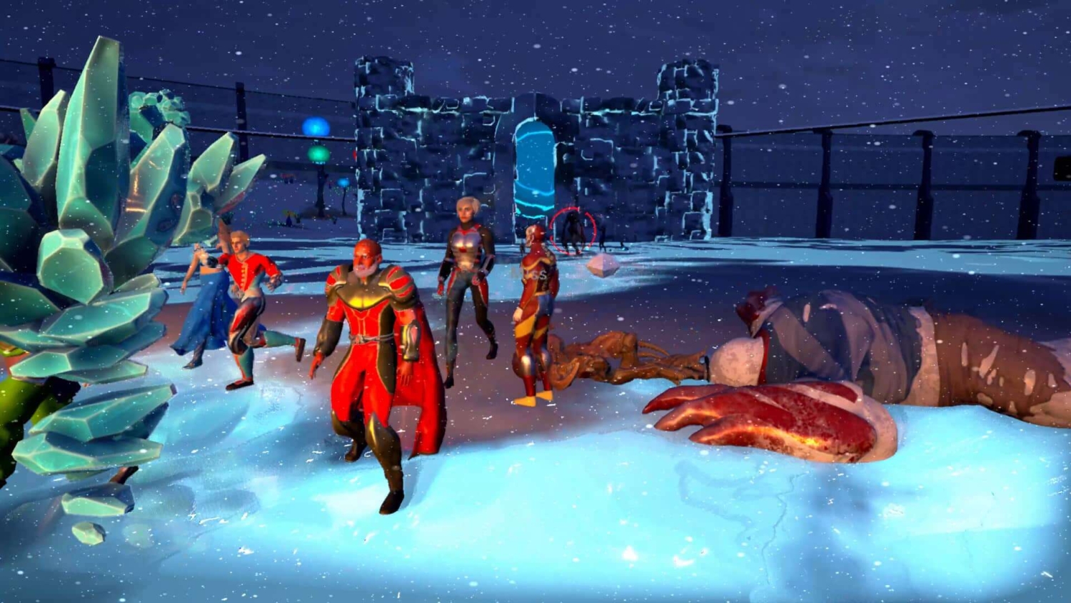 Group of superheroes in red and black costumes standing on snowy terrain near a stone fortress at night with a glowing portal