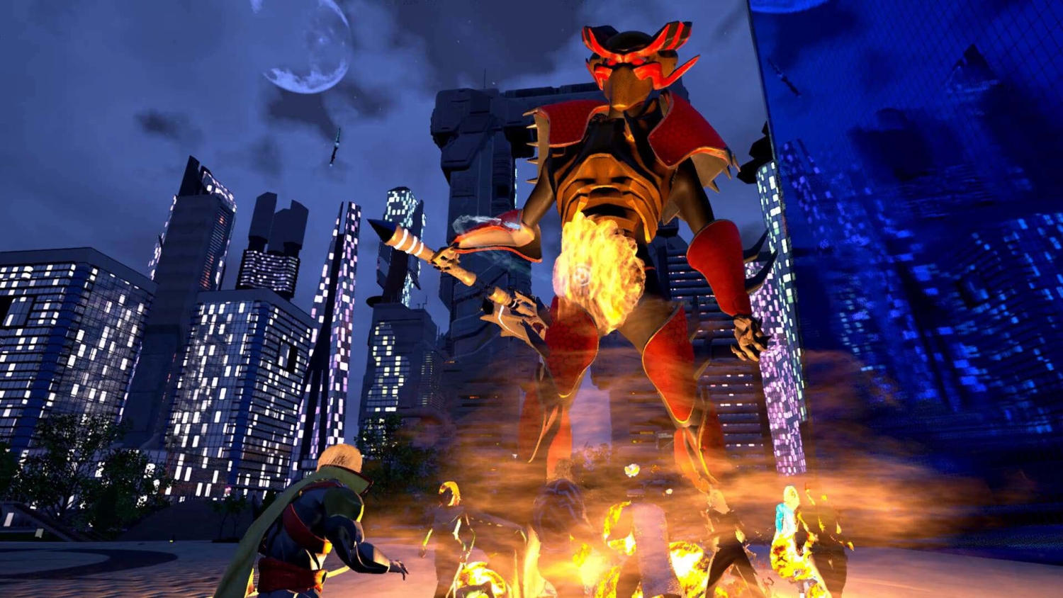 Large fiery robotic figure with glowing chest and red armour stands amidst smaller figures in a futuristic city at night under a full moon