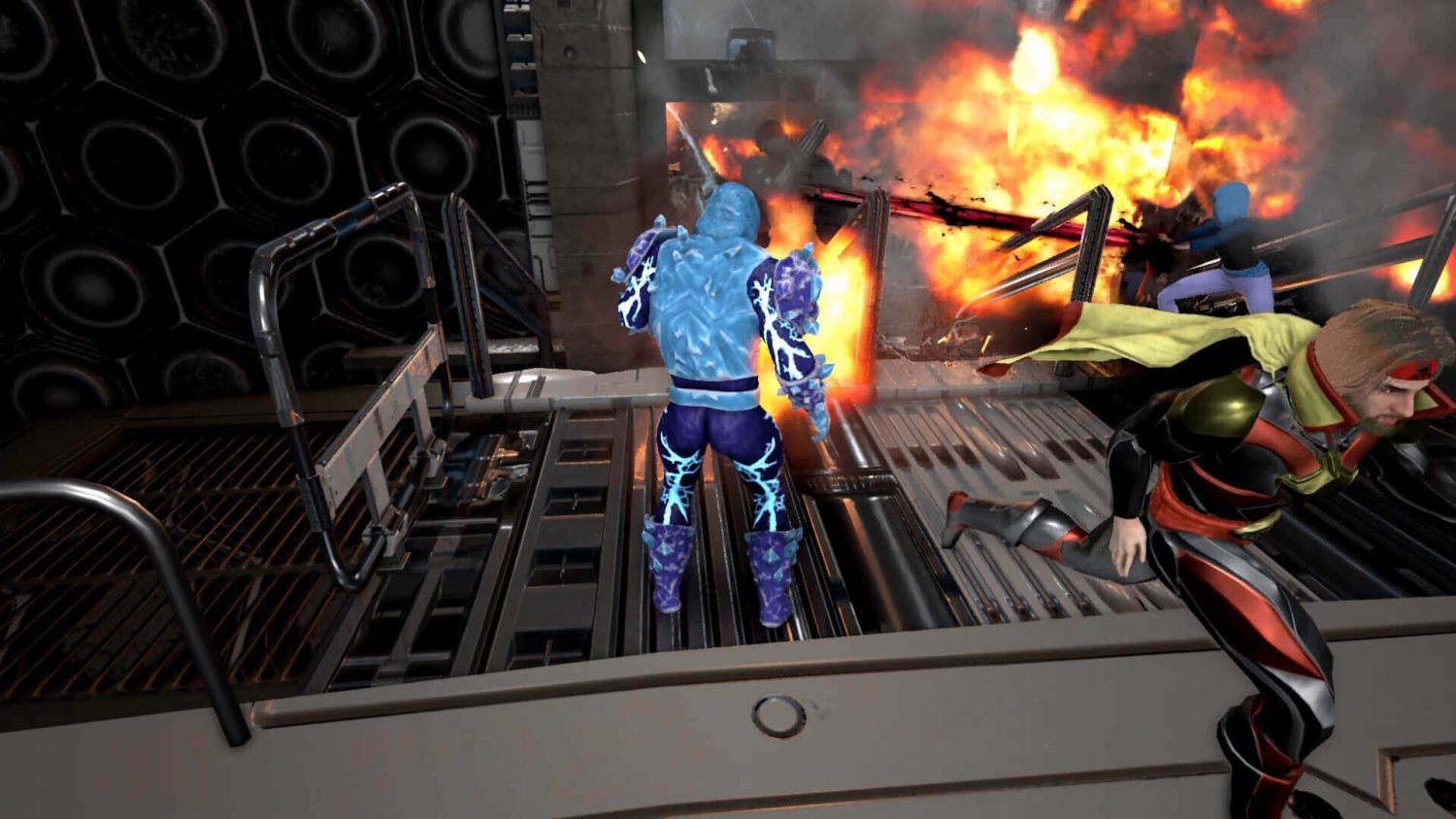 Three superheroes on a metal platform with an explosion behind them, one running, one with glowing blue armour, and one aiming a weapon