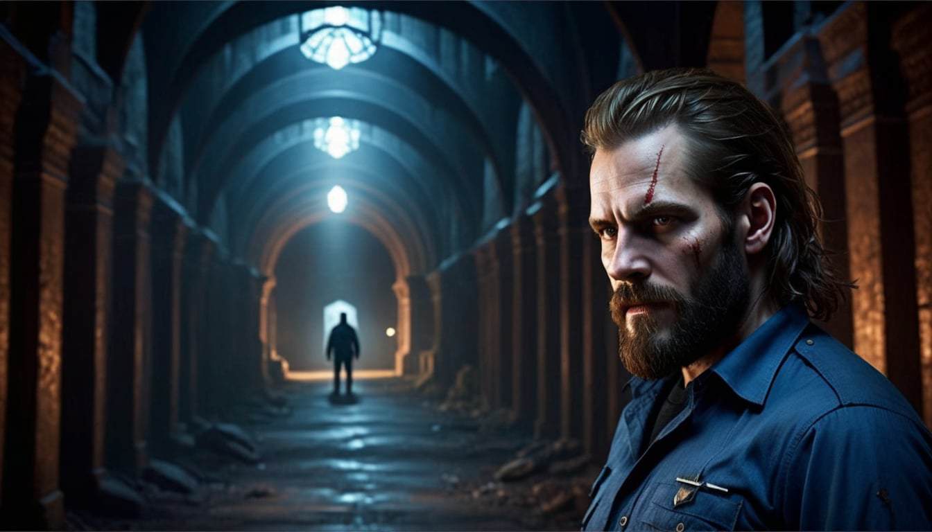 Bearded man with facial scars stands in front of a gloomy, arched corridor with a shadowy figure in the distance
