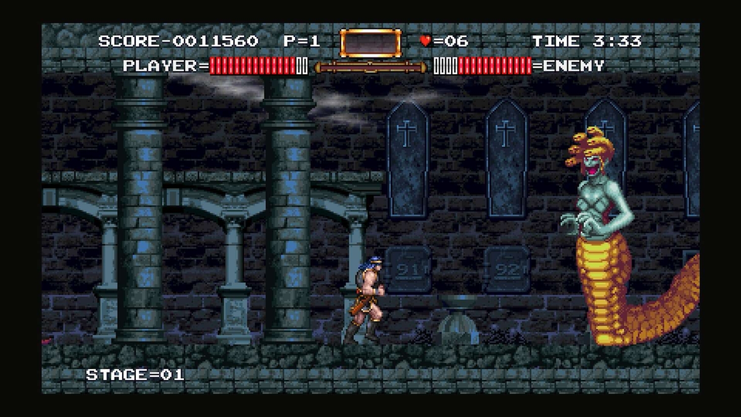 Side-scrolling pixel art battle with knight facing a large snake-woman boss in a dark stone castle