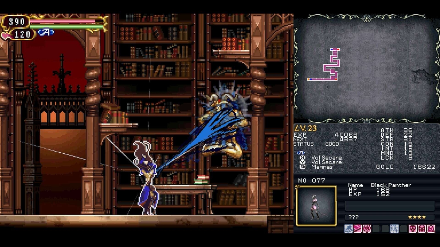 Character attacking large armored enemy in pixel art library setting during combat
