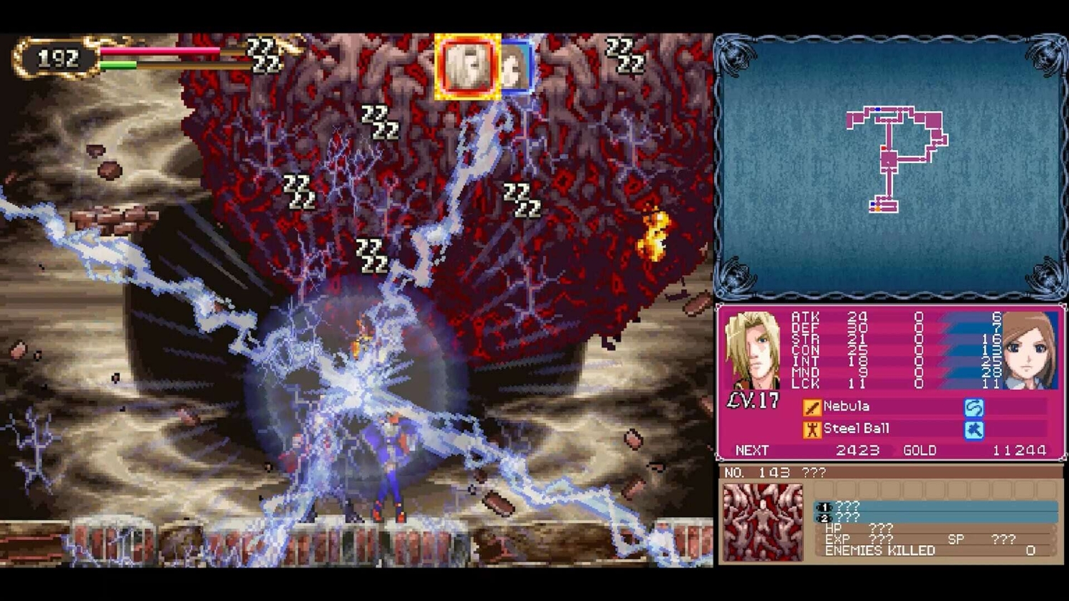 Pixel art RPG characters casting a blue lightning spell with multiple sleeping enemy icons above