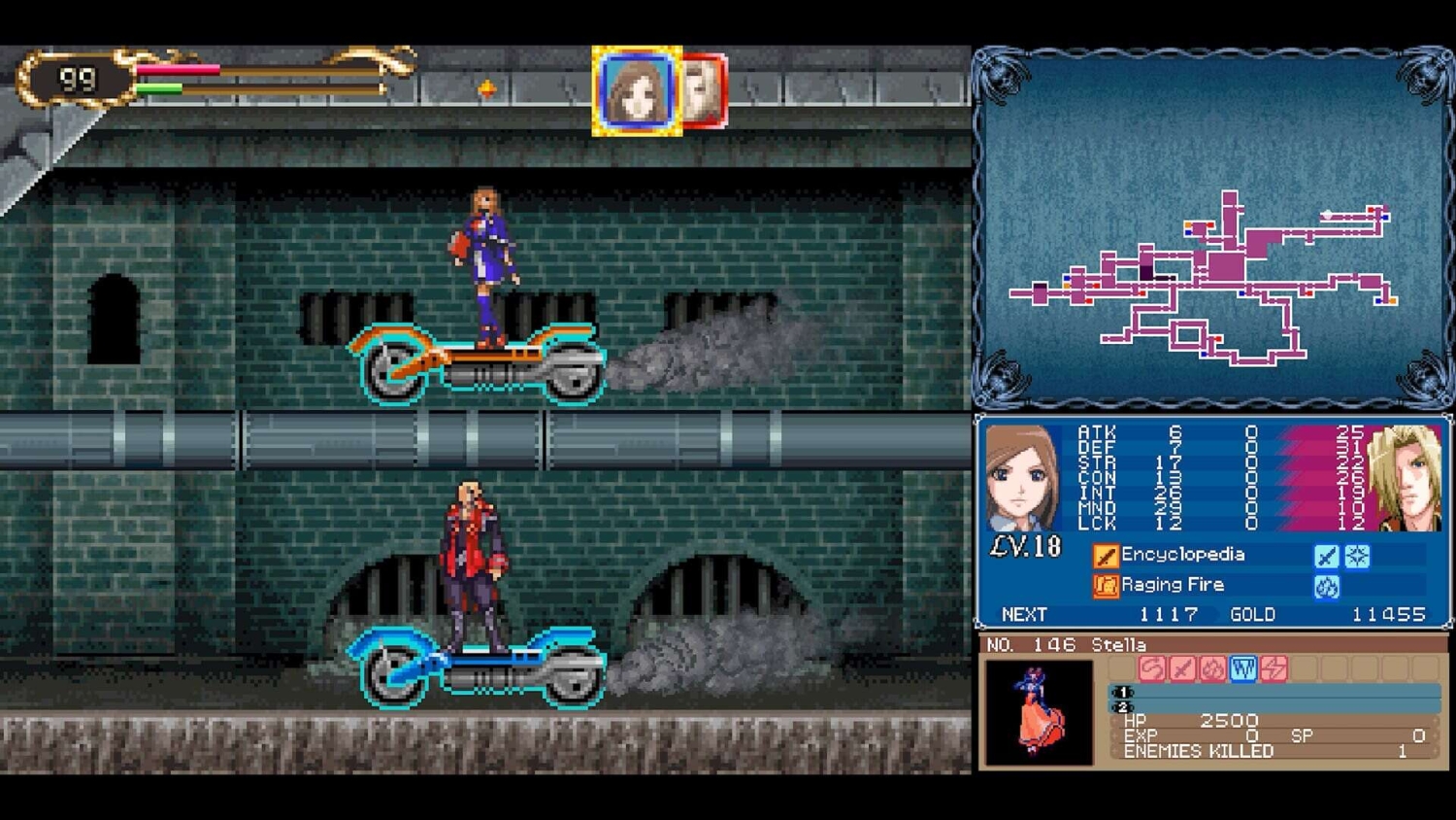 Two pixel-art characters riding futuristic scooters in a side-scrolling dungeon with status panels and map on the right