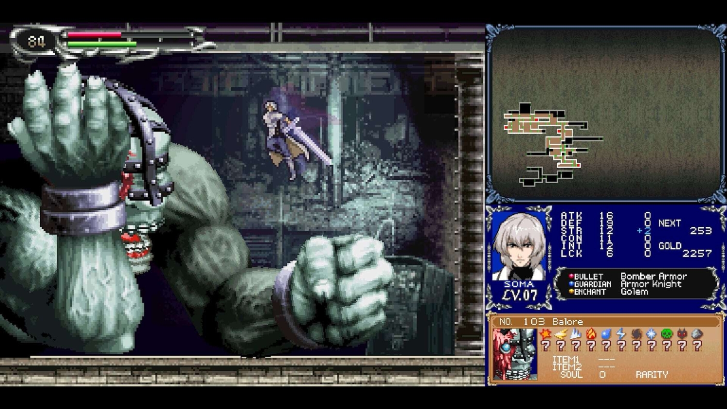 Pixel art side-scrolling game scene with character leaping to attack large chained stone golem in dark dungeon