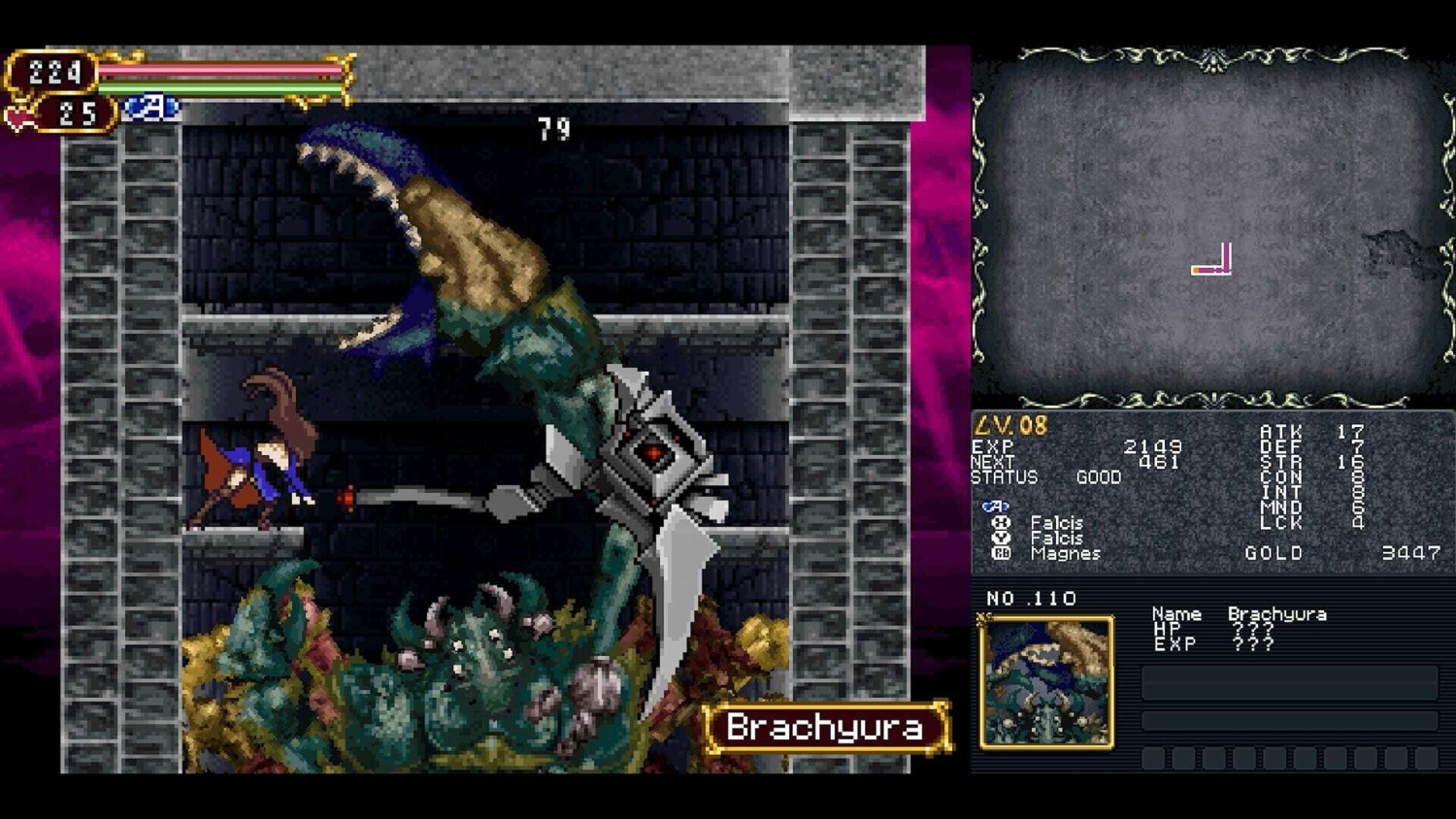 Character in armour attacks a large multi-eyed Brachyura boss in a dark dungeon setting with status and map on the right
