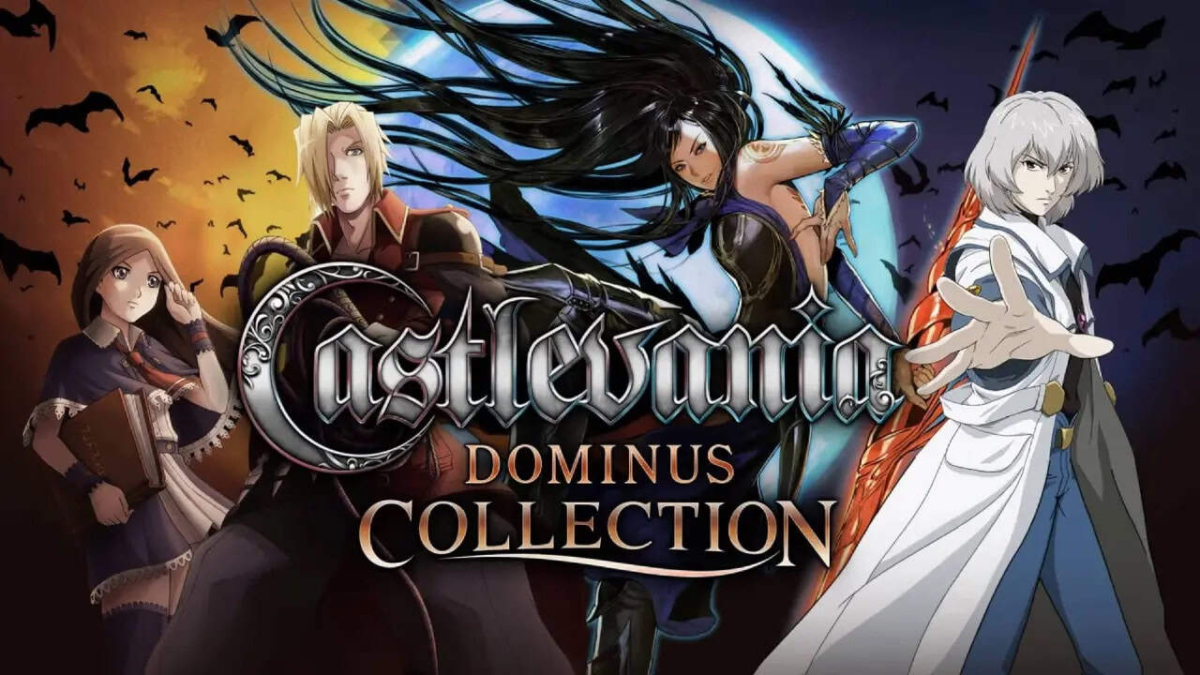Artwork showing four characters in front of a moonlit sky with bats and the title Castlevania Dominus Collection