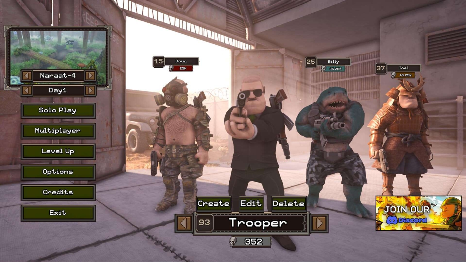 Four armed characters in a game menu standing indoors beside game mode options and level selectors