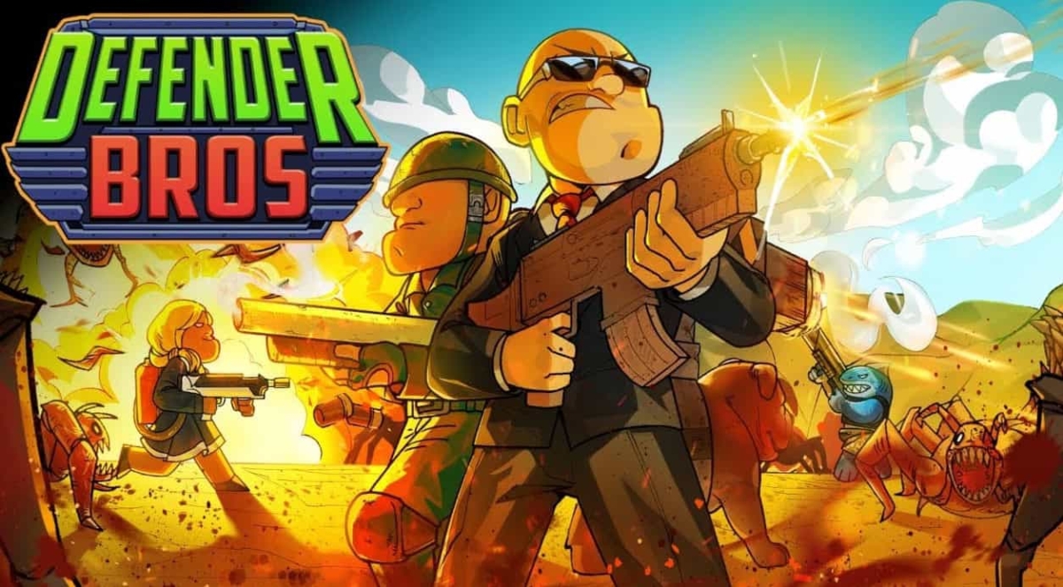 Cartoon soldiers shooting weapons in a battle scene with various monsters and explosions