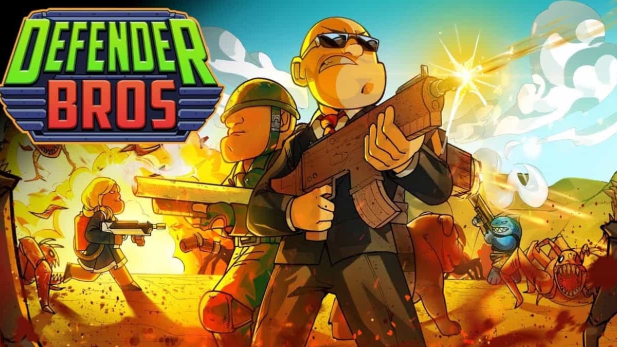 Cartoon soldiers shooting weapons in a battle scene with various monsters and explosions