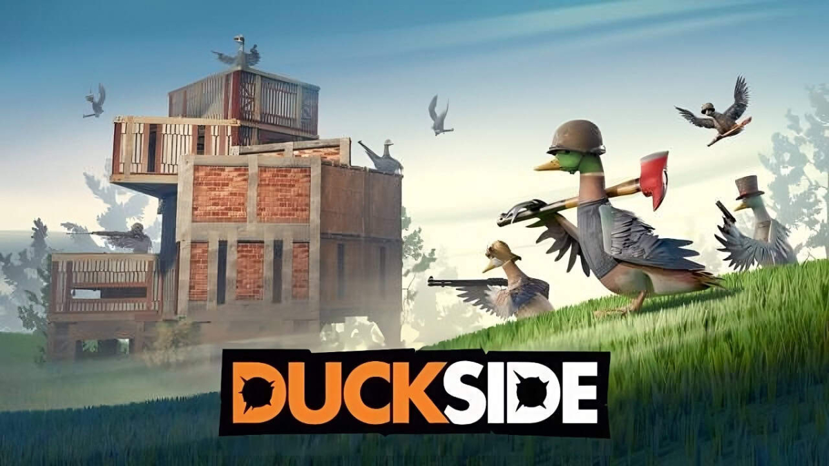 Animated ducks in military gear with rifles and an axe approach a makeshift brick and wooden building