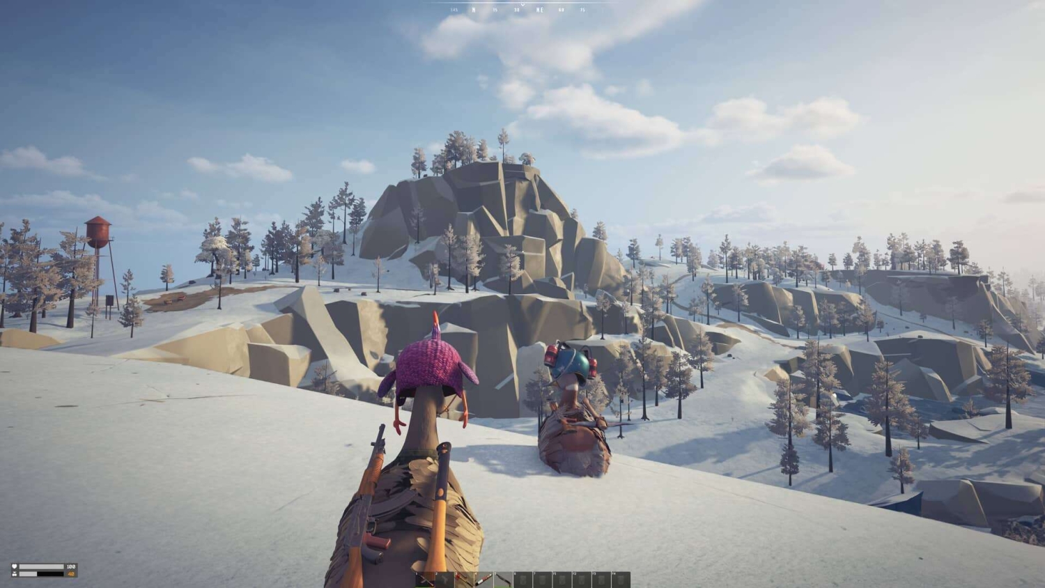 Two cartoon ducks equipped with weapons on a snowy mountain terrain under a partly cloudy sky