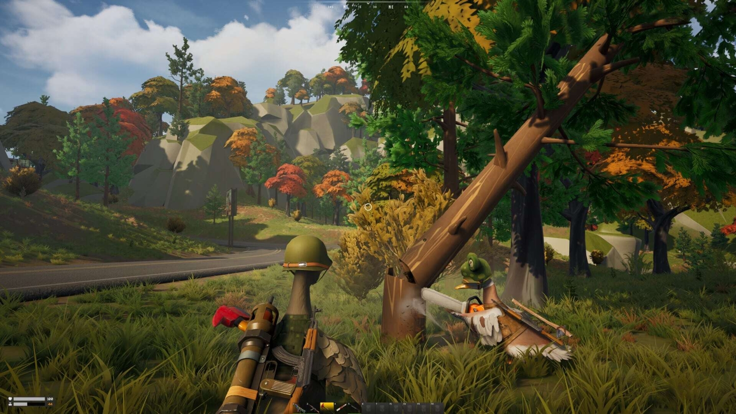 Two armed anthropomorphic ducks in a forest clearing, one cutting a tree with a chainsaw