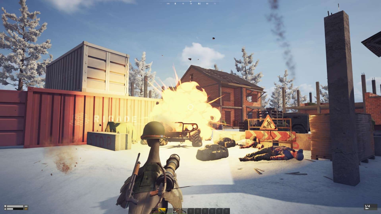 Third-person view of a duck character launching a rocket at an explosion near shipping containers and fallen enemies