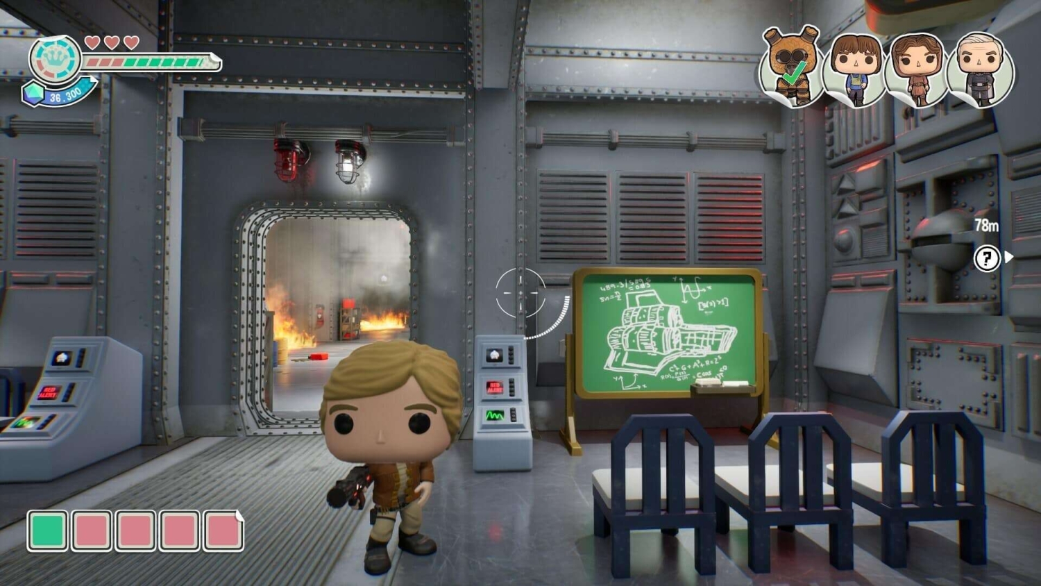 Funko Pop style character holding a weapon in a metallic room with fire visible through a doorway and a chalkboard with technical sketches